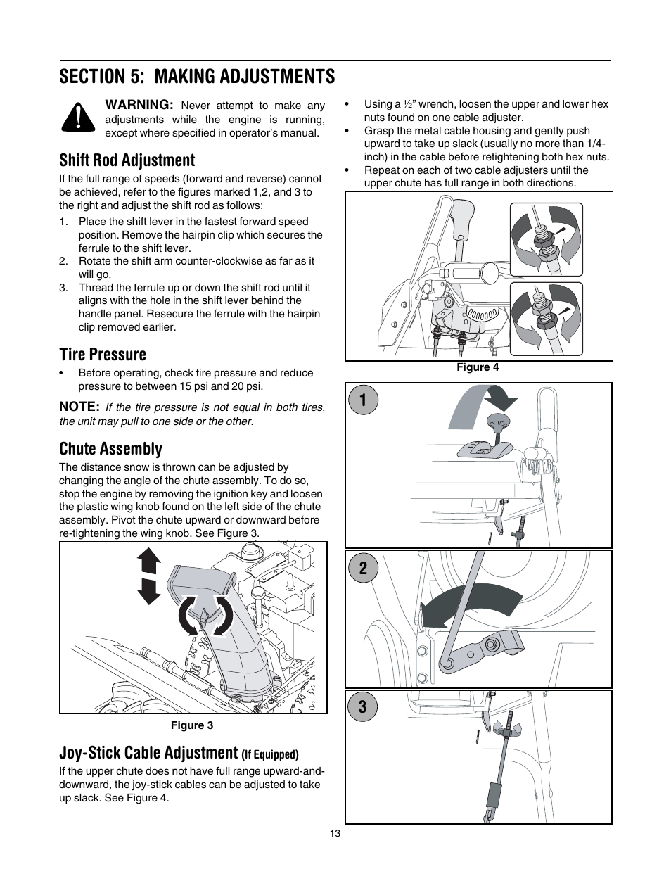 Section 5: making adjustments, Shift rod adjustment, Tire pressure | Chute assembly, Joy-stick cable adjustment (if equipped), Joy-stick cable adjustment | MTD 769-01276A User Manual | Page 13 / 28
