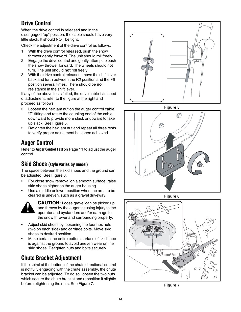 Drive control, Auger control, Skid shoes (style varies by model) | Chute bracket adjustment, Skid shoes | MTD 769-01276A User Manual | Page 14 / 28