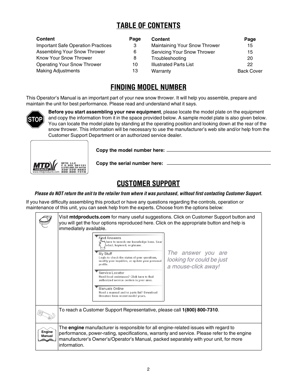 Table of contents finding model number, Customer support | MTD 769-01276A User Manual | Page 2 / 28