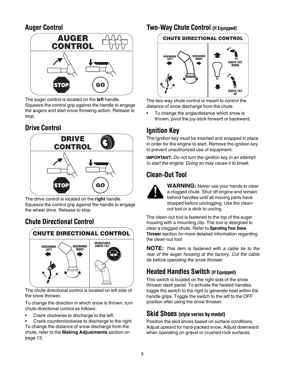Auger control, Drive control, Chute directional control | Two-way chute control (if equipped), Ignition key, Clean-out tool, Heated handles switch (if equipped), Skid shoes (style varies by model), Two-way chute control, Heated handles switch | MTD 769-01276A User Manual | Page 9 / 28