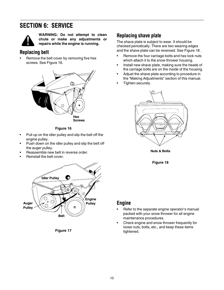 Replacing belt, Replacing shave plate, Engine | MTD E173 User Manual | Page 10 / 24