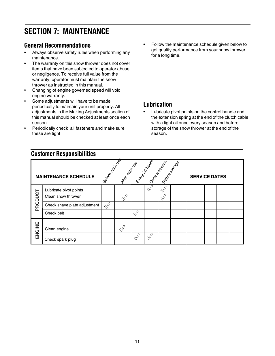 General recommendations, Lubrication, Customer responsibilities | MTD E173 User Manual | Page 11 / 24