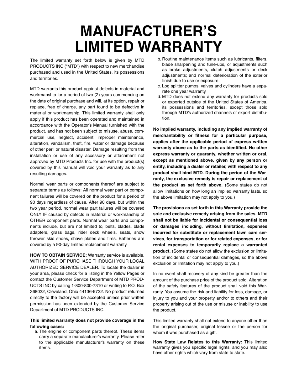 Manufacturer’s limited warranty | MTD E173 User Manual | Page 24 / 24