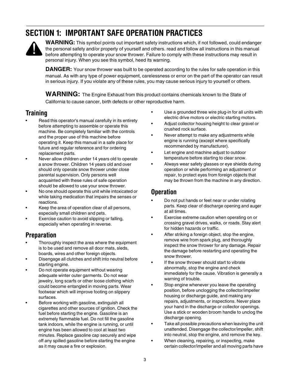 Training, Preparation, Operation | Warning | MTD E173 User Manual | Page 3 / 24