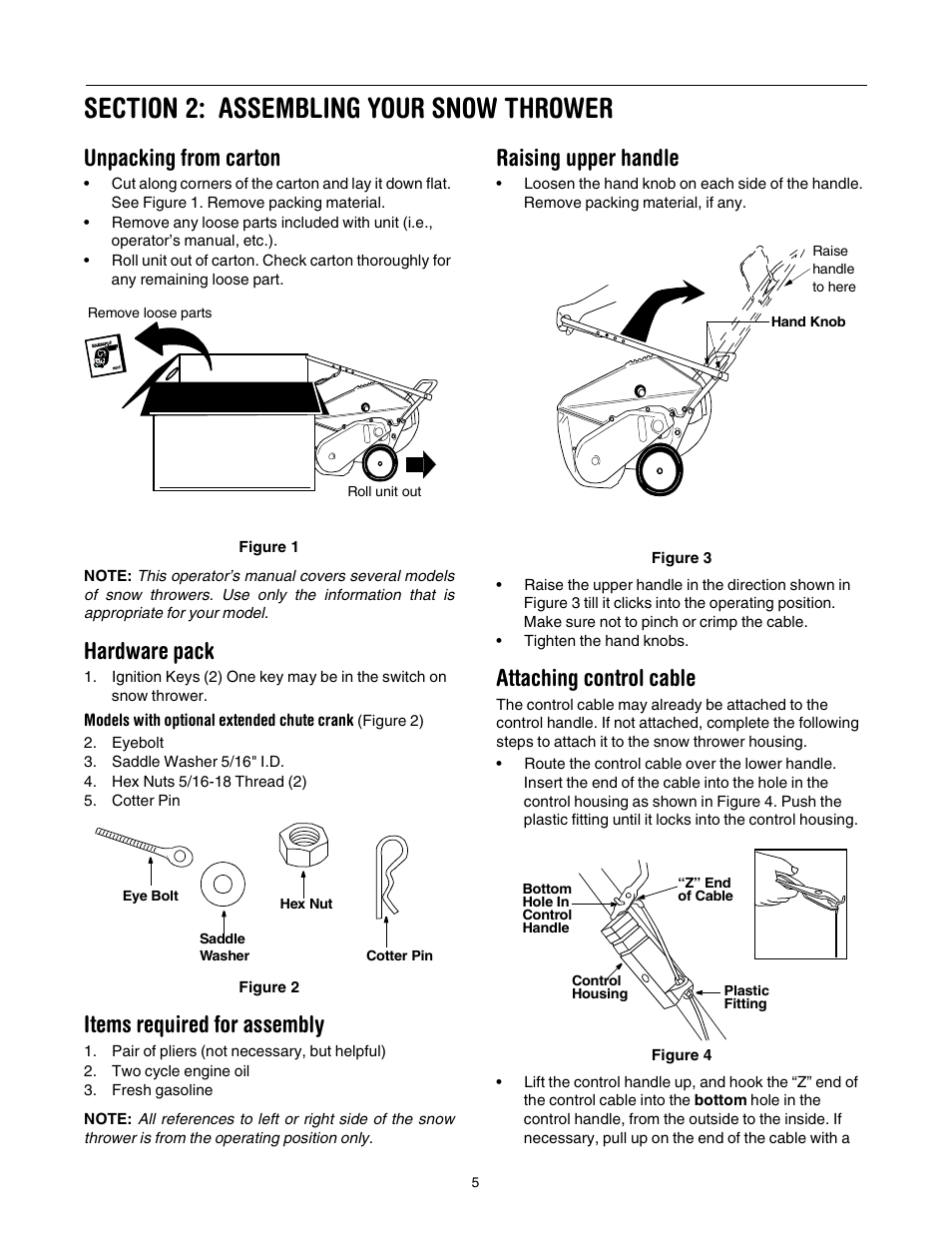 Unpacking from carton, Hardware pack, Items required for assembly | Raising upper handle, Attaching control cable | MTD E173 User Manual | Page 5 / 24