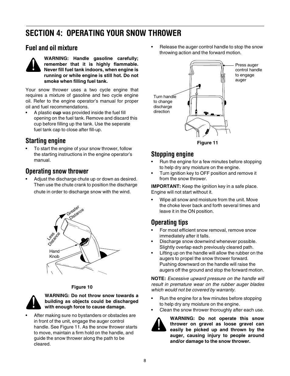 Fuel and oil mixture, Starting engine, Operating snow thrower | Stopping engine, Operating tips | MTD E173 User Manual | Page 8 / 24