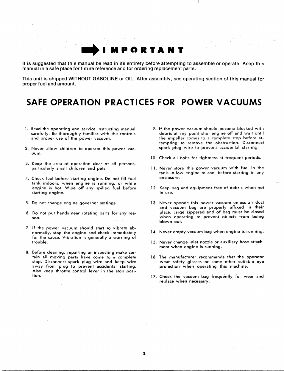 I m p o r t a n t, Safe operation practices for power vacuums | MTD 247-680-300 User Manual | Page 2 / 12