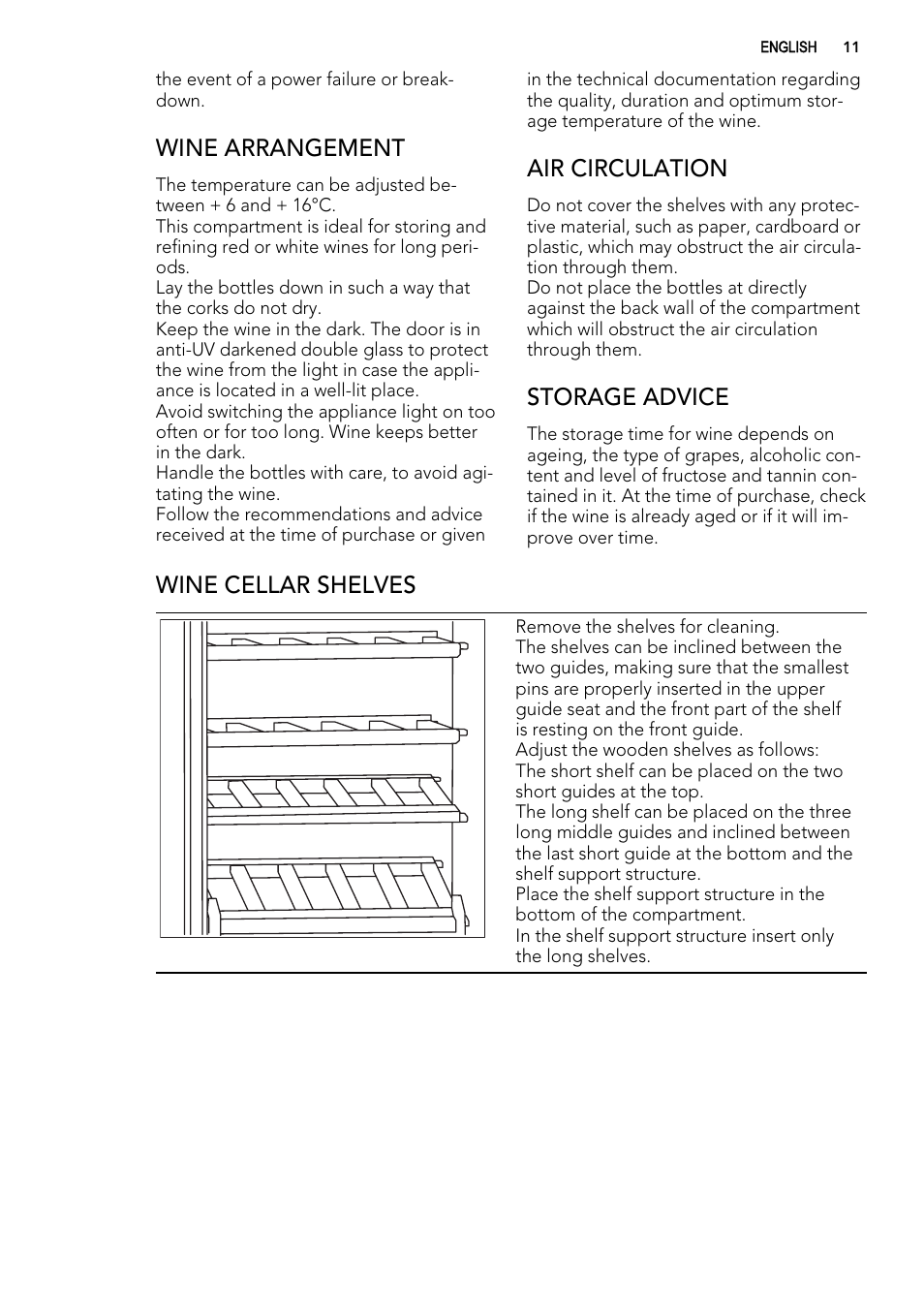 Wine arrangement, Air circulation, Storage advice | Wine cellar shelves | AEG S92500CNM0 User Manual | Page 11 / 92