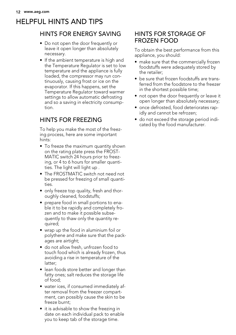 Helpful hints and tips, Hints for energy saving, Hints for freezing | Hints for storage of frozen food | AEG S92500CNM0 User Manual | Page 12 / 92