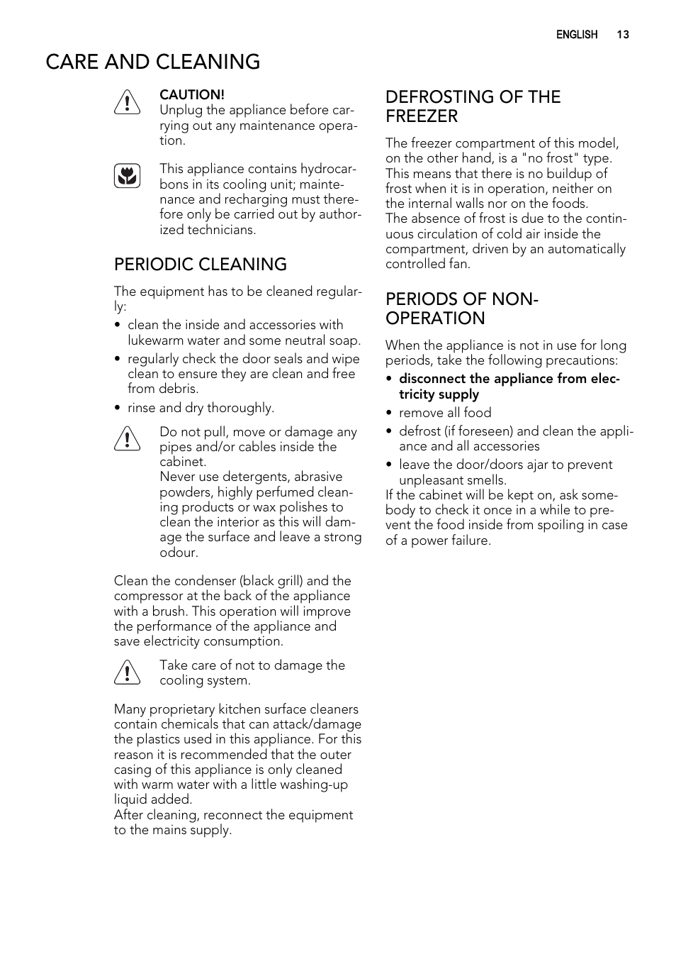 Care and cleaning, Periodic cleaning, Defrosting of the freezer | Periods of non- operation | AEG S92500CNM0 User Manual | Page 13 / 92