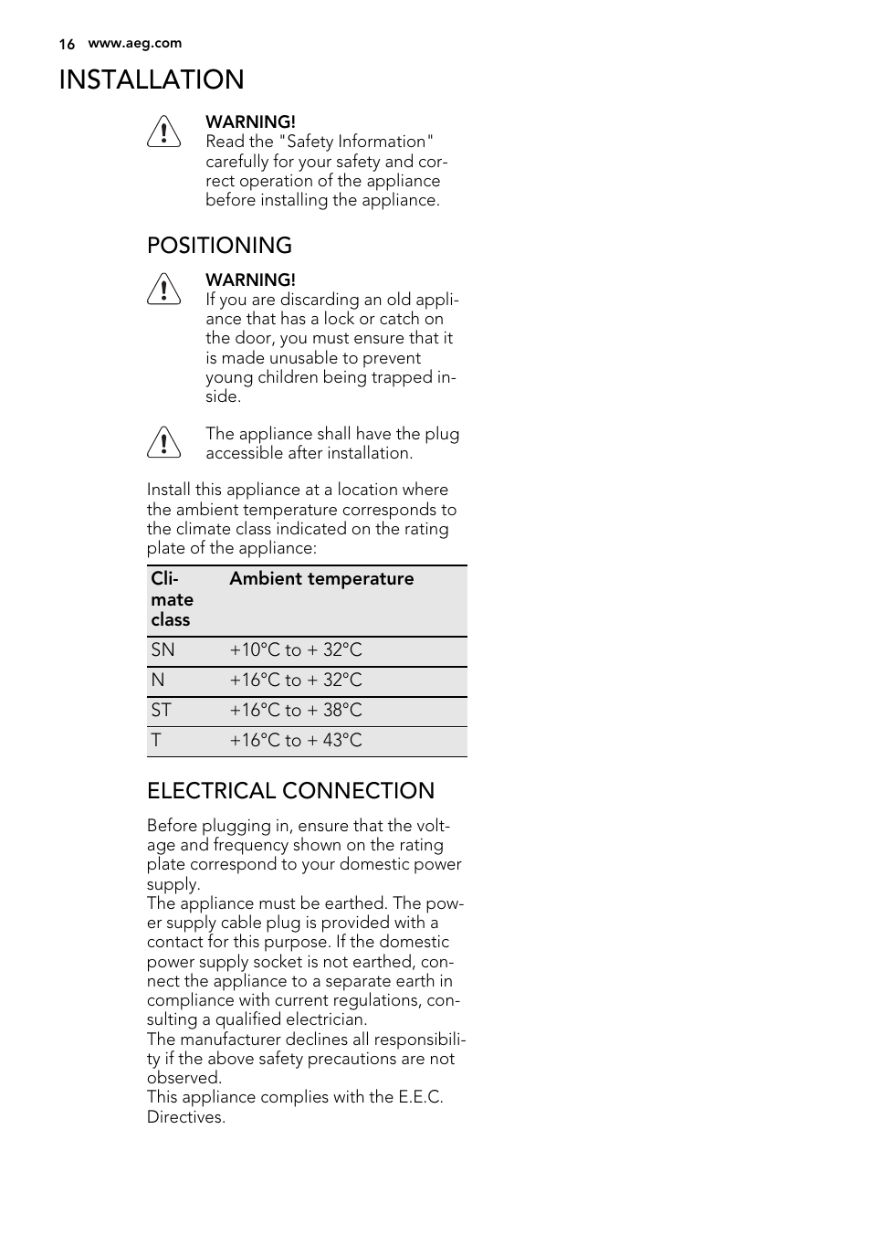 Installation, Positioning, Electrical connection | AEG S92500CNM0 User Manual | Page 16 / 92