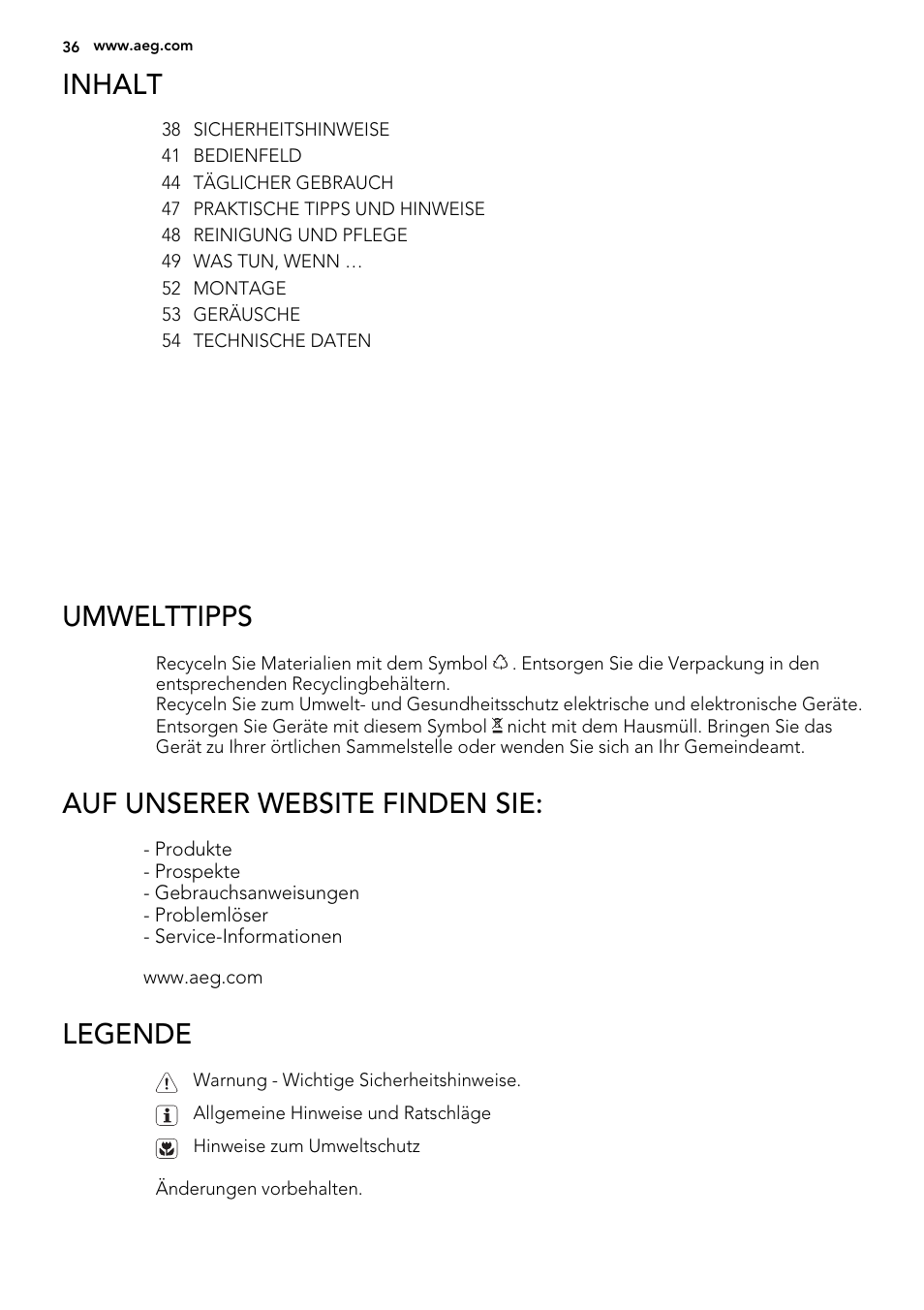Inhalt, Umwelttipps, Auf unserer website finden sie | Legende | AEG S92500CNM0 User Manual | Page 36 / 92