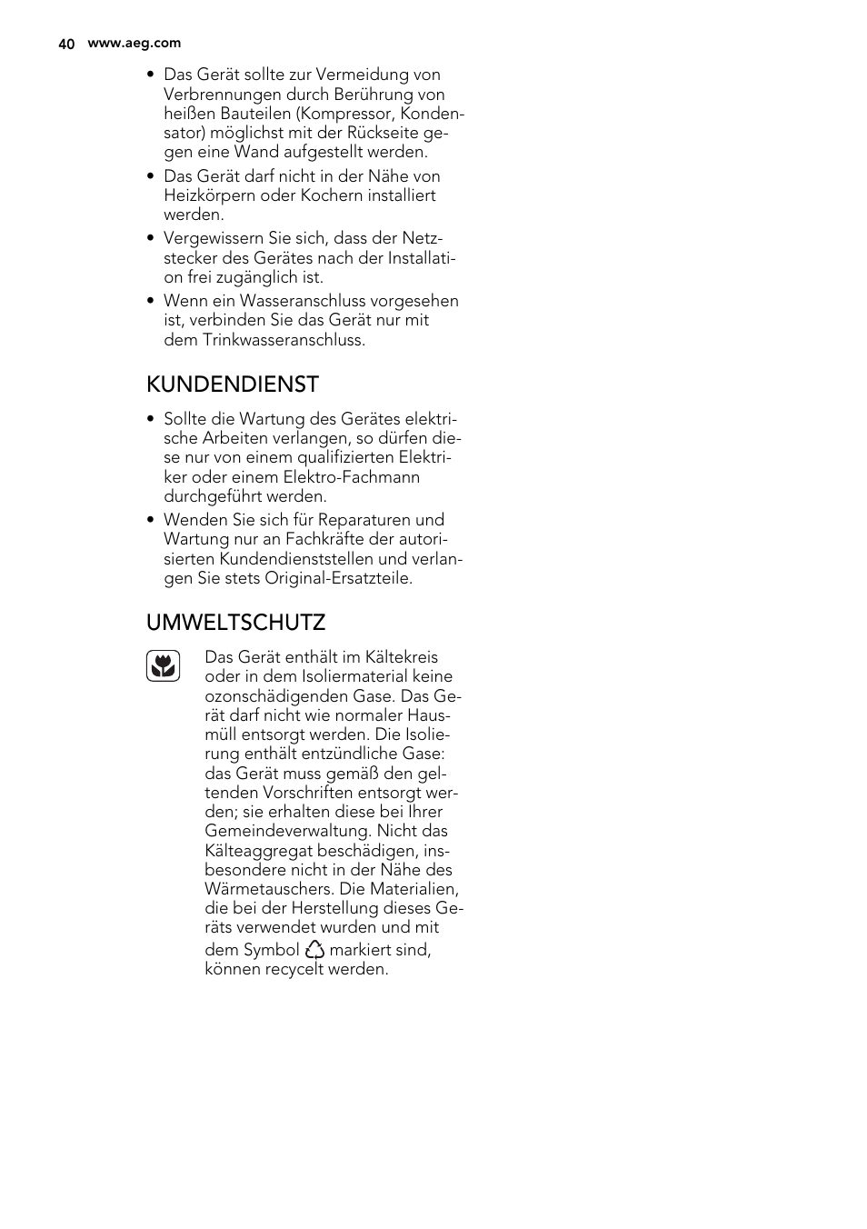 Kundendienst, Umweltschutz | AEG S92500CNM0 User Manual | Page 40 / 92