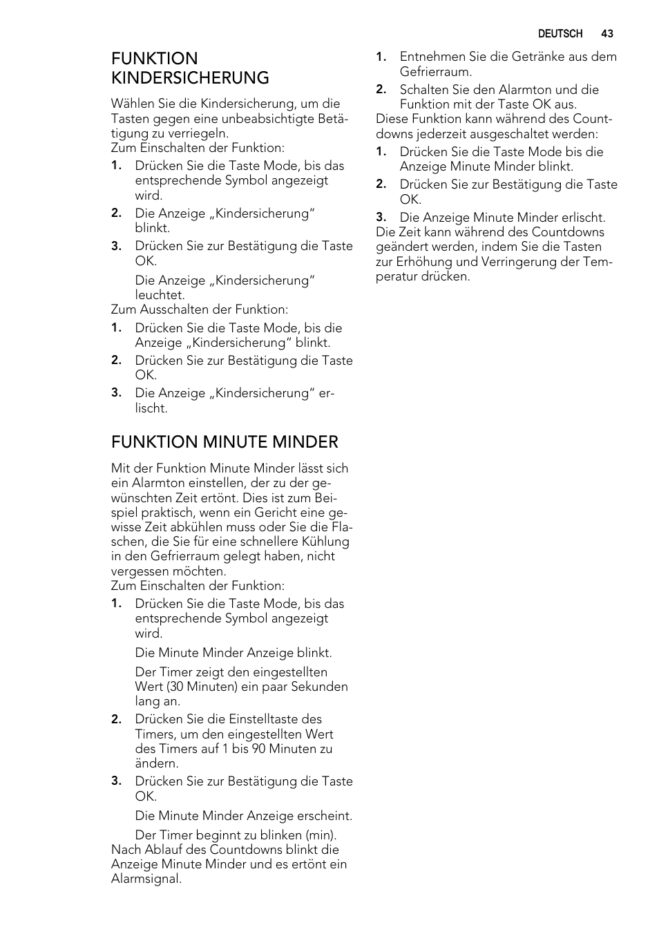 Funktion kindersicherung, Funktion minute minder | AEG S92500CNM0 User Manual | Page 43 / 92