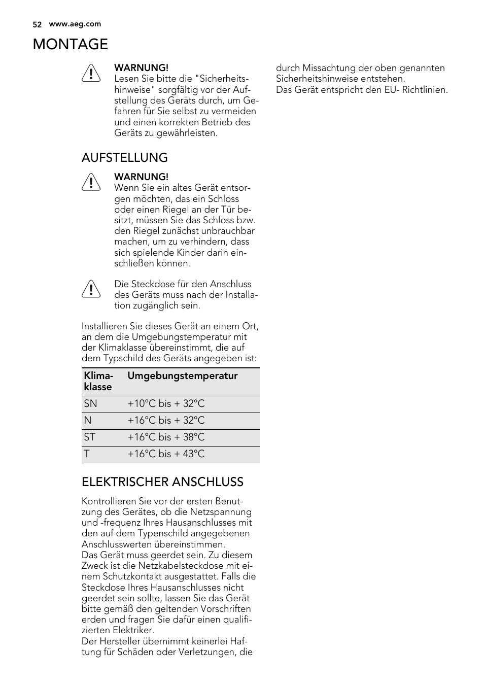 Montage, Aufstellung, Elektrischer anschluss | AEG S92500CNM0 User Manual | Page 52 / 92