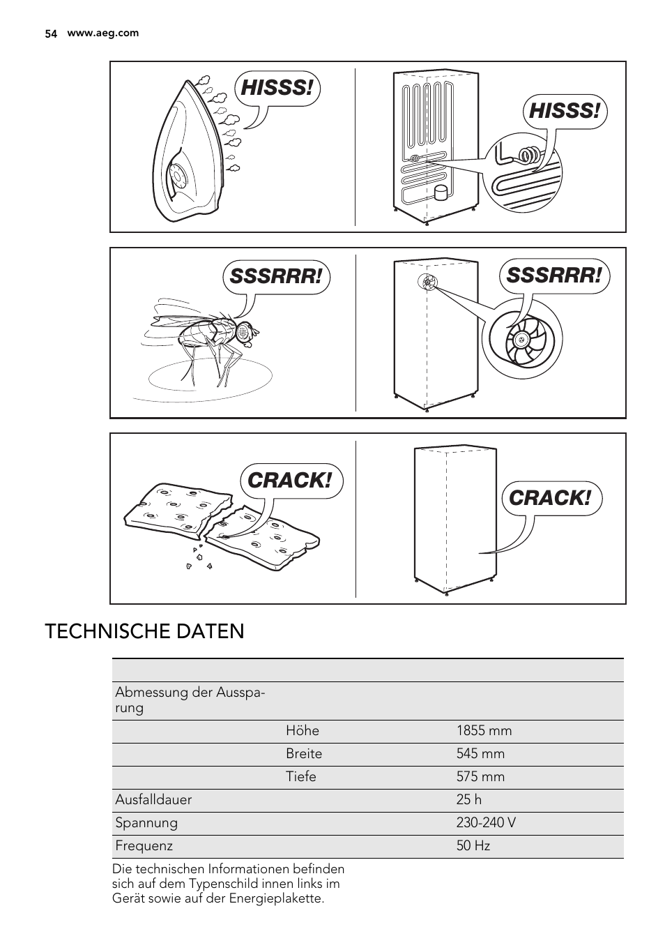 Hisss, Sssrrr, Crack | Technische daten | AEG S92500CNM0 User Manual | Page 54 / 92