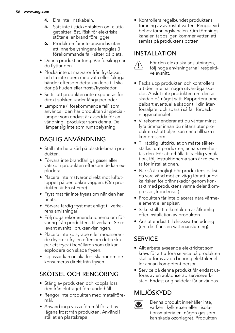 Daglig användning, Skötsel och rengöring, Installation | Service, Miljöskydd | AEG S92500CNM0 User Manual | Page 58 / 92