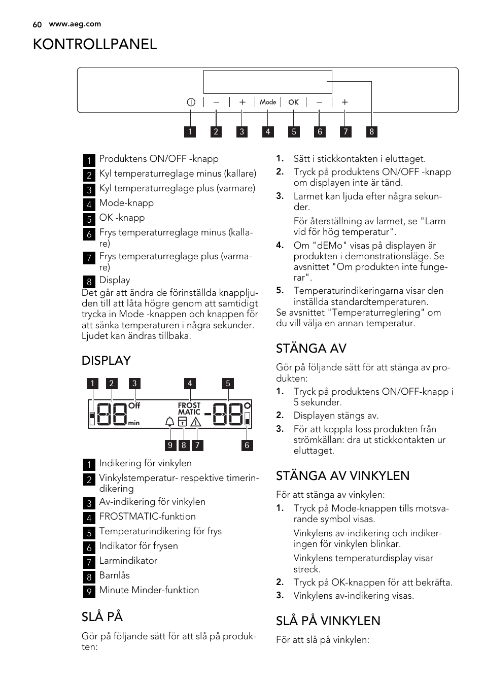 Kontrollpanel, Display, Slå på | Stänga av, Stänga av vinkylen, Slå på vinkylen | AEG S92500CNM0 User Manual | Page 60 / 92