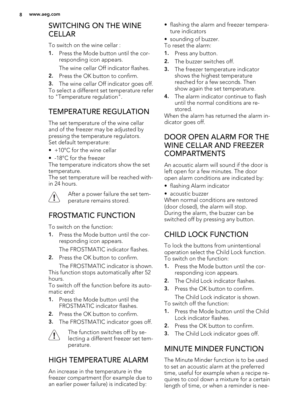 Switching on the wine cellar, Temperature regulation, Frostmatic function | High temperature alarm, Child lock function, Minute minder function | AEG S92500CNM0 User Manual | Page 8 / 92