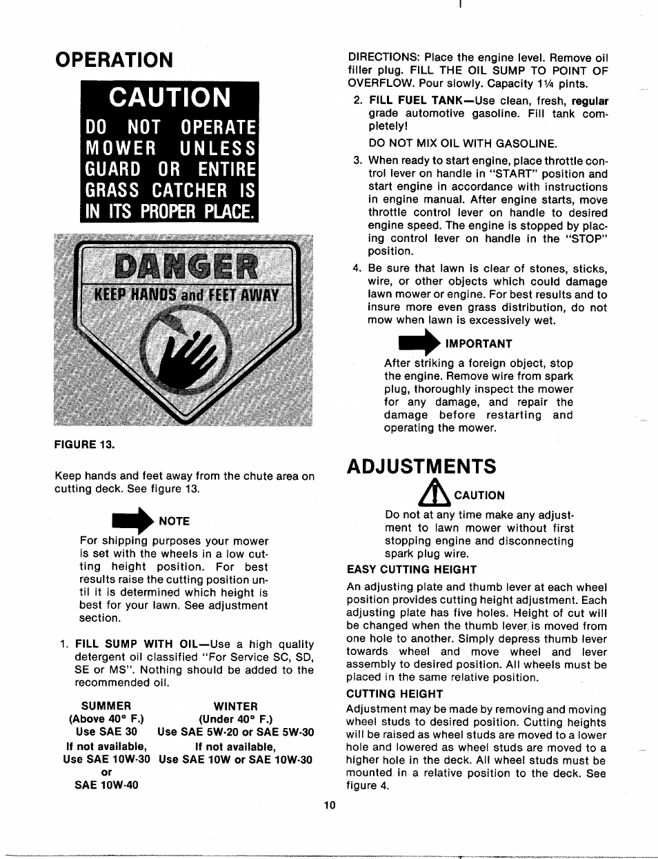 Caution, Operation, Adjustments | MTD 111-070A User Manual | Page 10 / 18