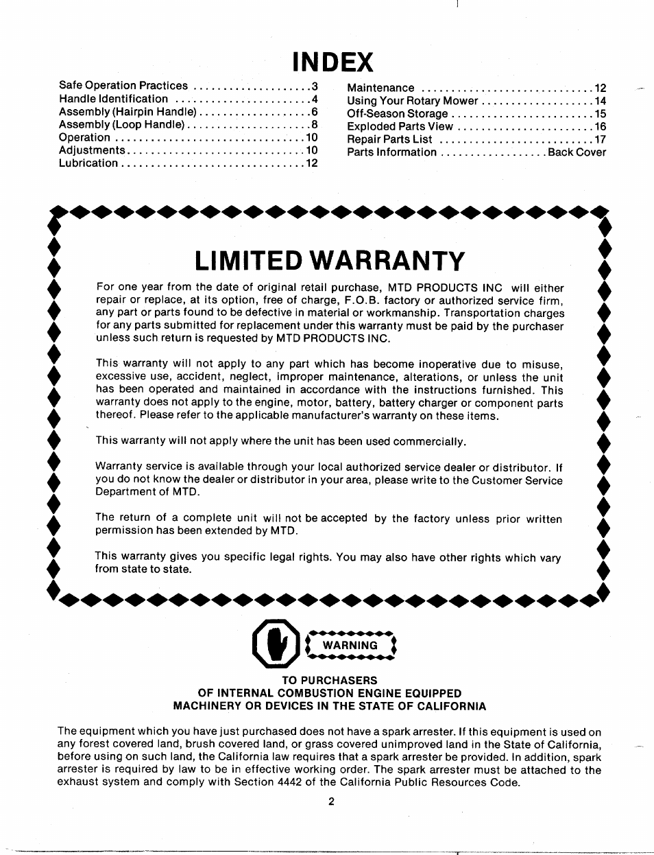 Index, Limited warranty | MTD 111-070A User Manual | Page 2 / 18