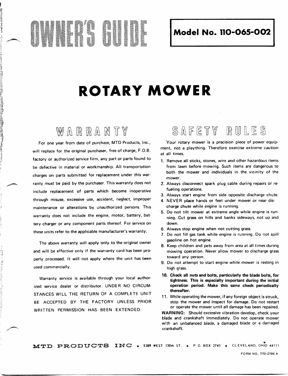 MTD 110-065-002 User Manual | 4 pages