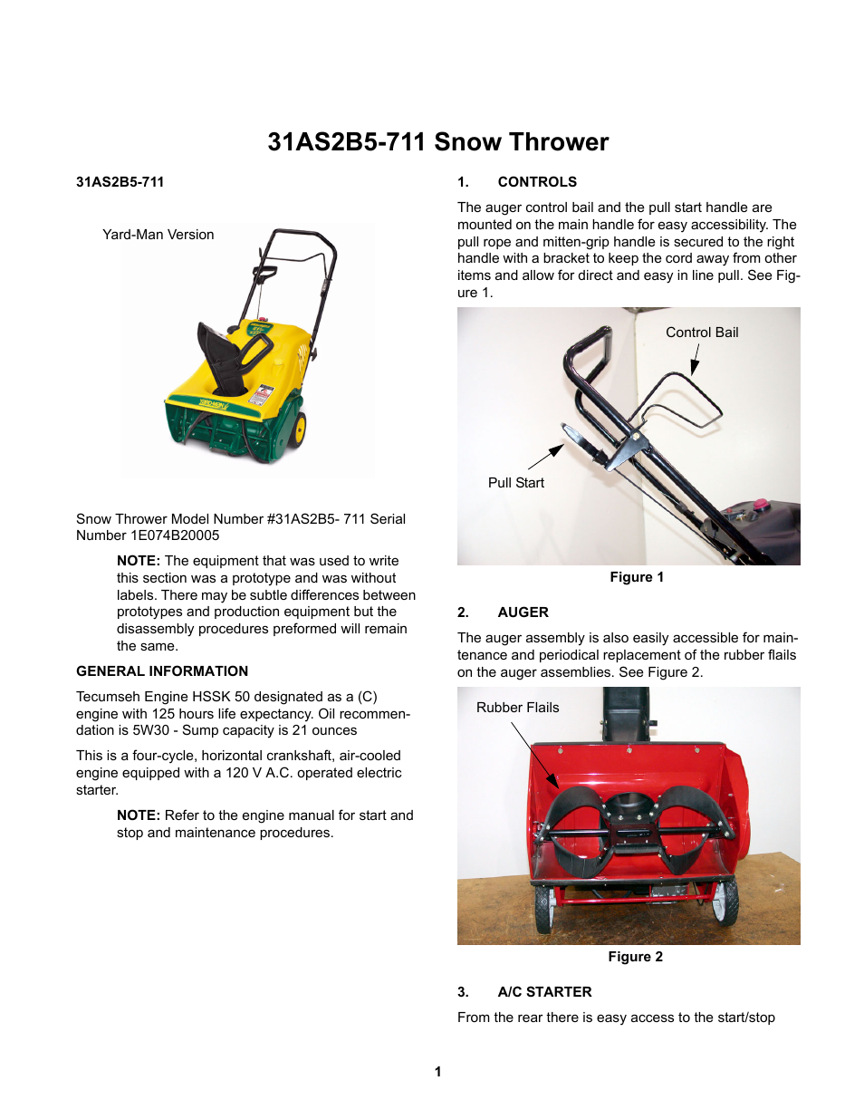 General information, Controls, Auger | A/c starter | MTD 31AS2B5 User Manual | Page 5 / 13