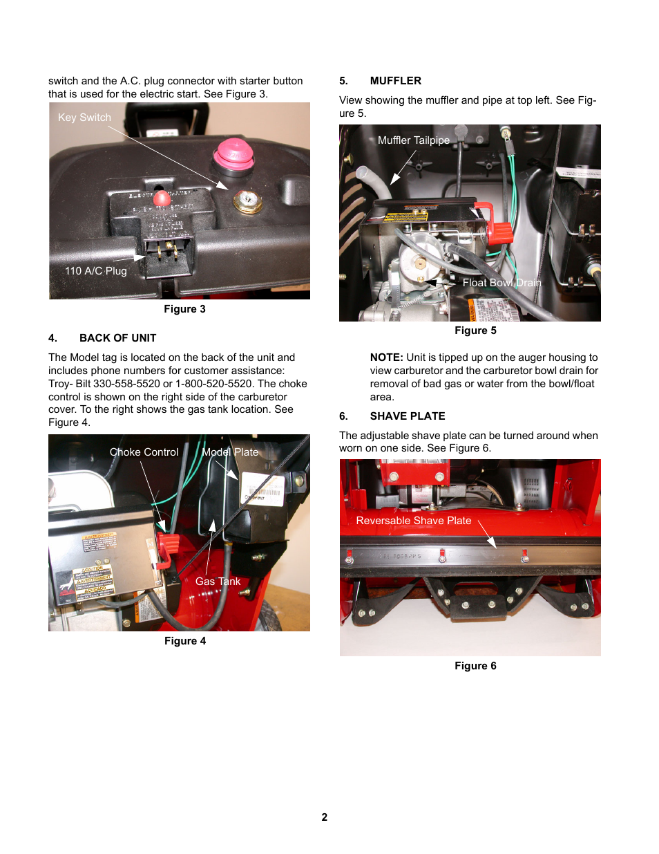 Back of unit, Muffler, Shave plate | MTD 31AS2B5 User Manual | Page 6 / 13
