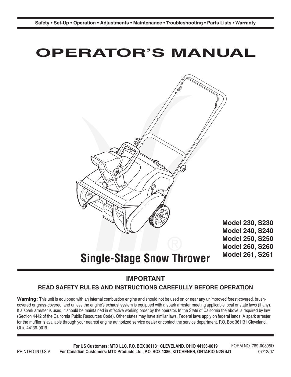 MTD S260 User Manual | 18 pages