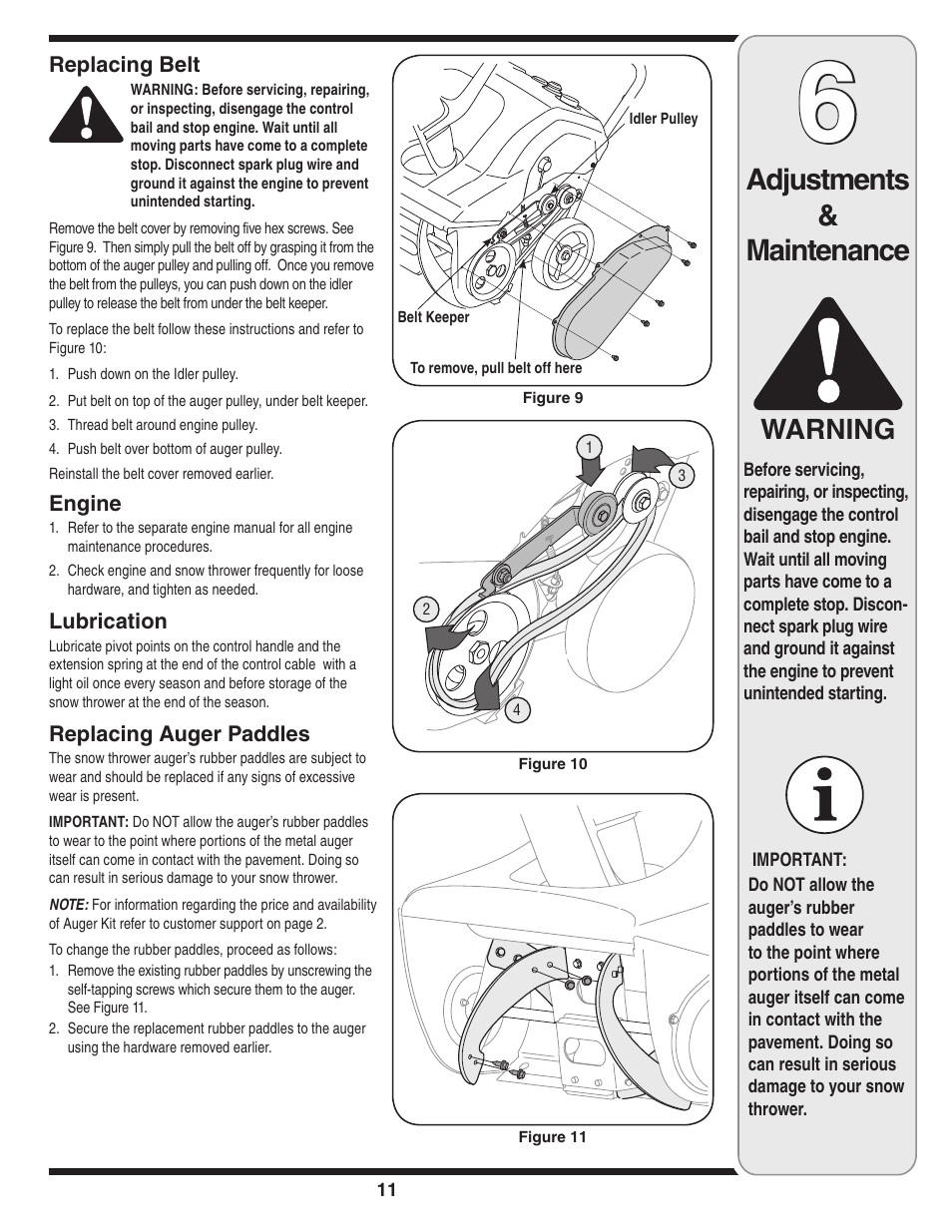 Adjustments & maintenance, Warning | MTD S260 User Manual | Page 11 / 18