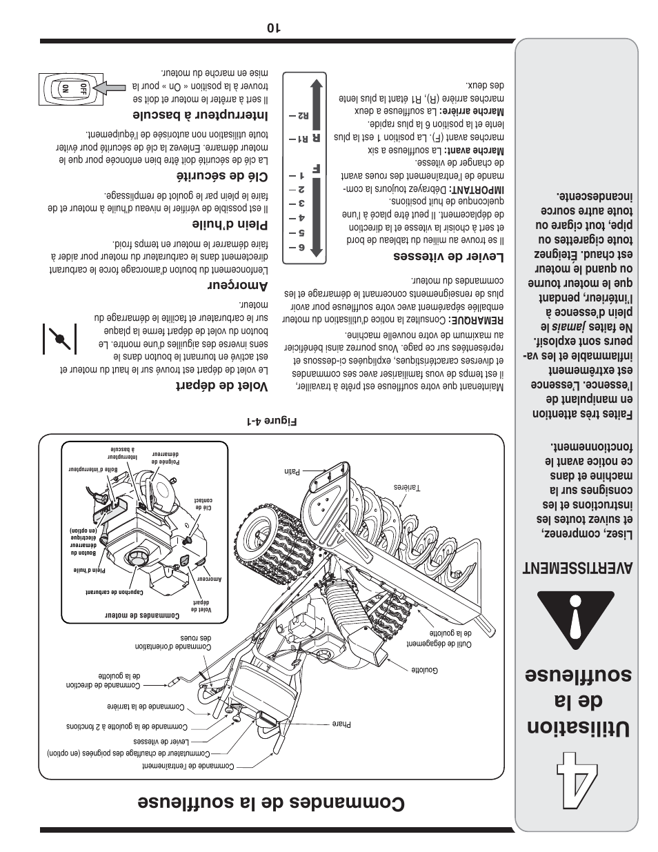 Utilisation de la souffleuse, Commandes de la souffleuse, Aver tissement | MTD 769-04179 User Manual | Page 47 / 56