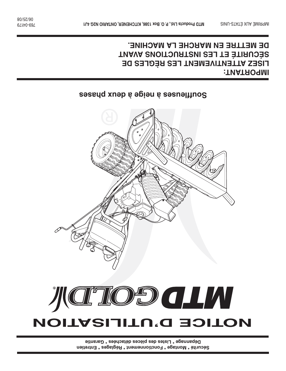 Notice d’utilisa tion, Souffleuses à neige à deux phases | MTD 769-04179 User Manual | Page 56 / 56