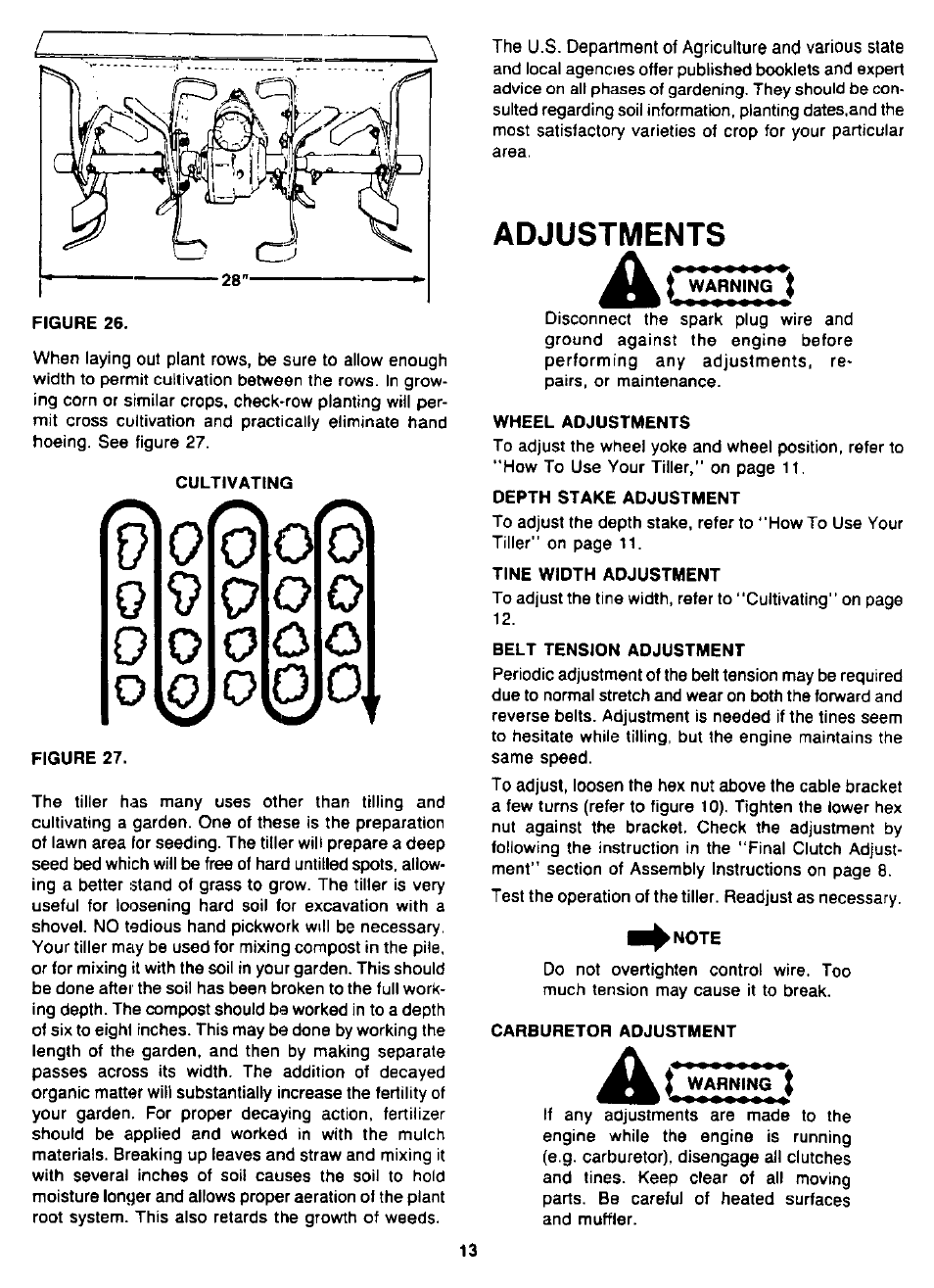 Cultivating, Figure 27, Adjustments | Ac warning i, Wheel adjustments, Depth stake adjustment, Tine width adjustment, Belt tension adjustment, Carburetor adjustment | MTD 94-2105-B User Manual | Page 13 / 32