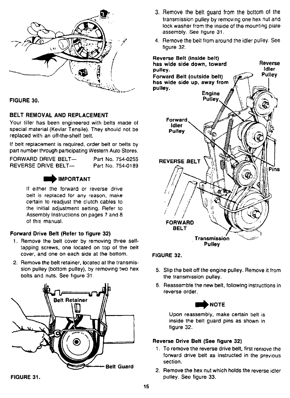 Belt removal and replacement, Important, Forward drive belt (refer to figure 32) | Reverse drive belt (see figure 32) | MTD 94-2105-B User Manual | Page 15 / 32