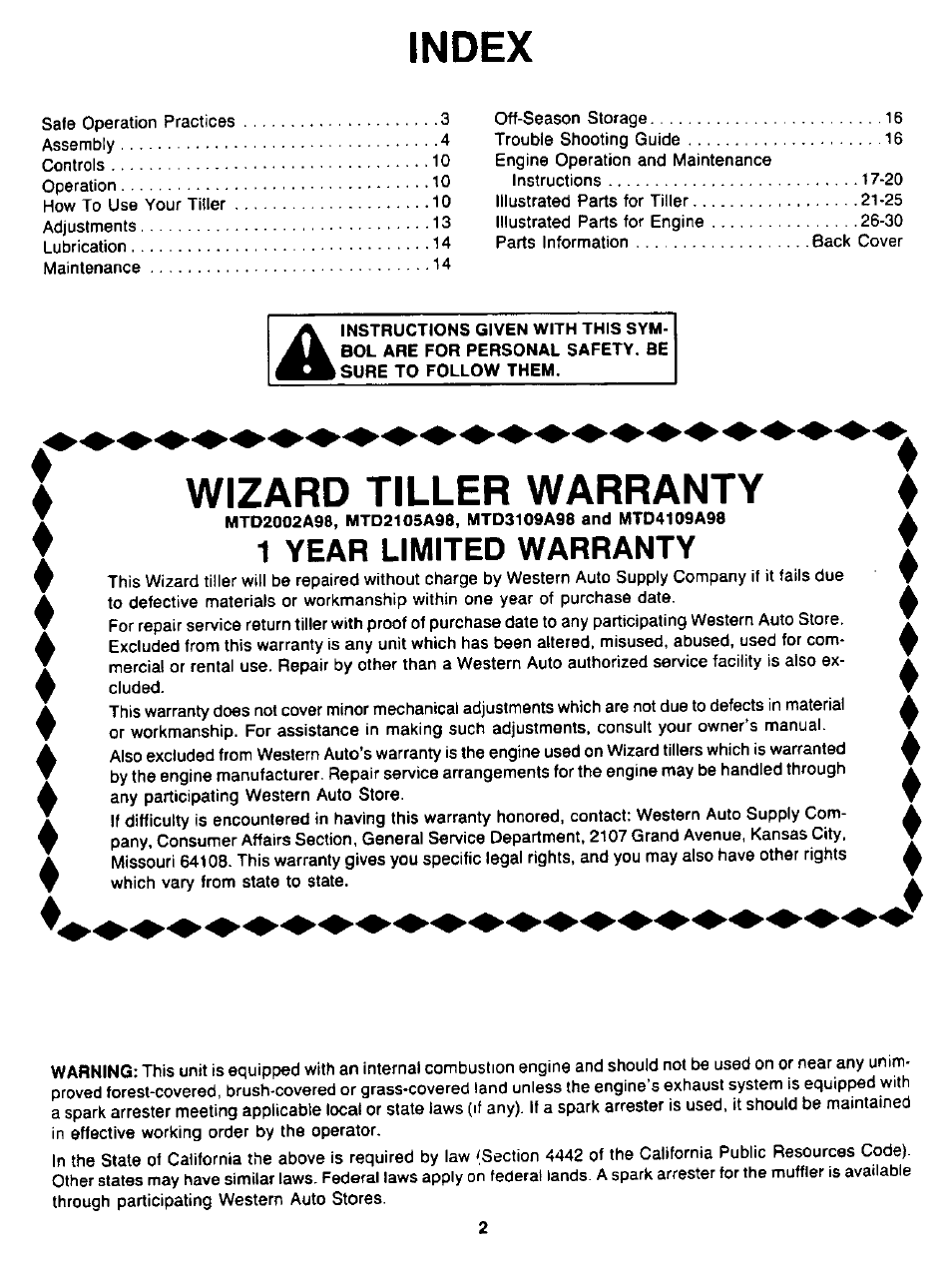 Index, Wizard tiller warranty, Mtd2002a98, mtd2105ads, mtd3109a98 and mt04109a98 | 1 year limited warranty | MTD 94-2105-B User Manual | Page 2 / 32