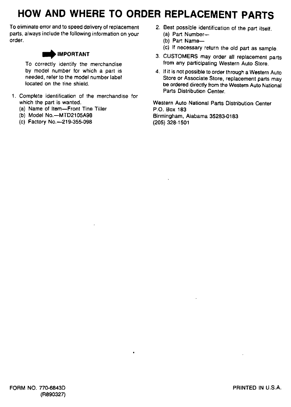 How and where to order replacement parts, Important | MTD 94-2105-B User Manual | Page 32 / 32