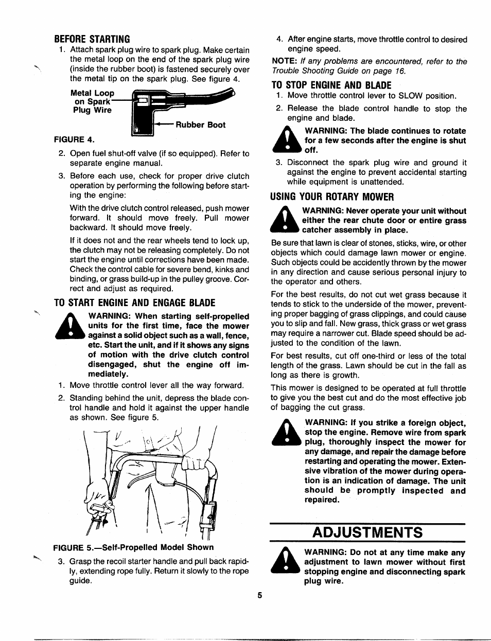 Before starting, To start engine and engage blade, Td stdp engine and blade | Using ydur rdtary mdwer, Adjustments | MTD 111-614R000 User Manual | Page 5 / 16