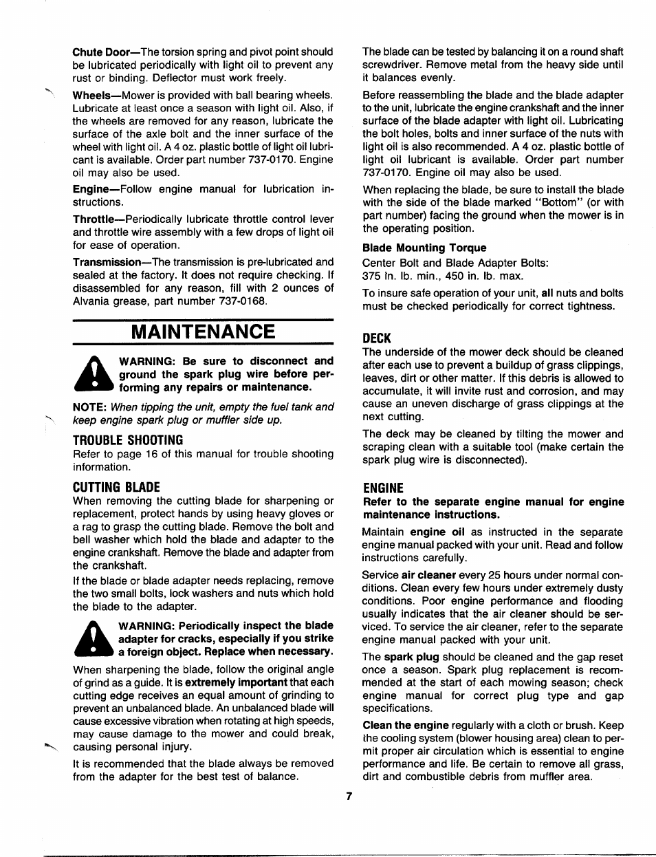 Maintenance, Trouble shooting, Cutting blade | Deck, Engine | MTD 111-614R000 User Manual | Page 7 / 16