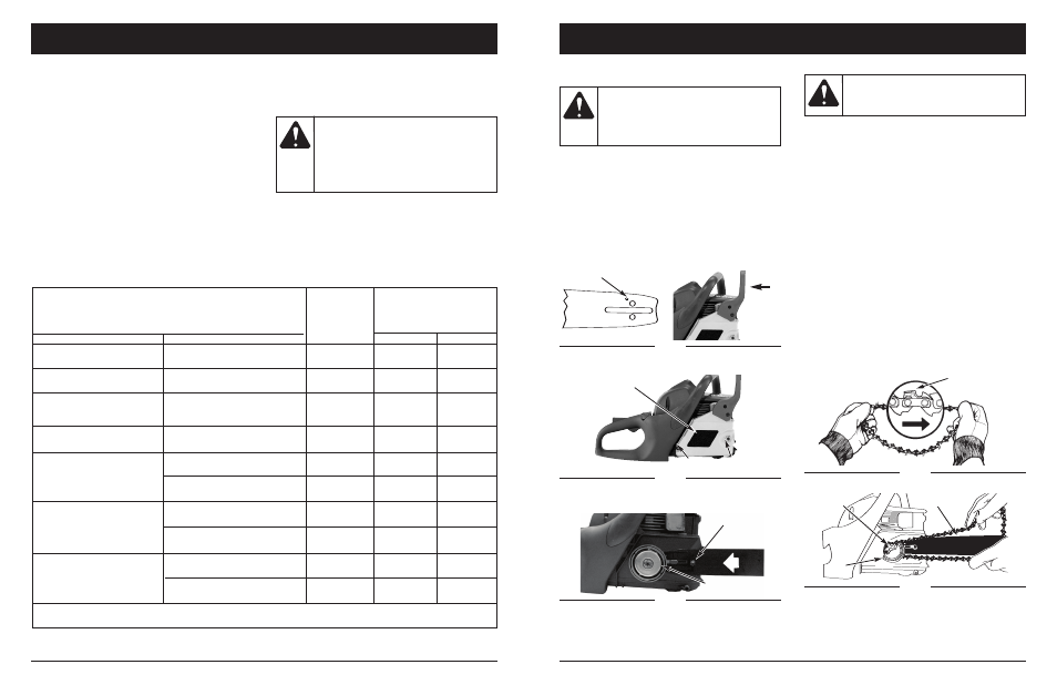 Advertencia, Precaucion, Instrucciones de mantenimiento y reparación | Quitando e instalando la barra de la guía, Instalación de una cadena | MTD 1642AVCC User Manual | Page 63 / 74