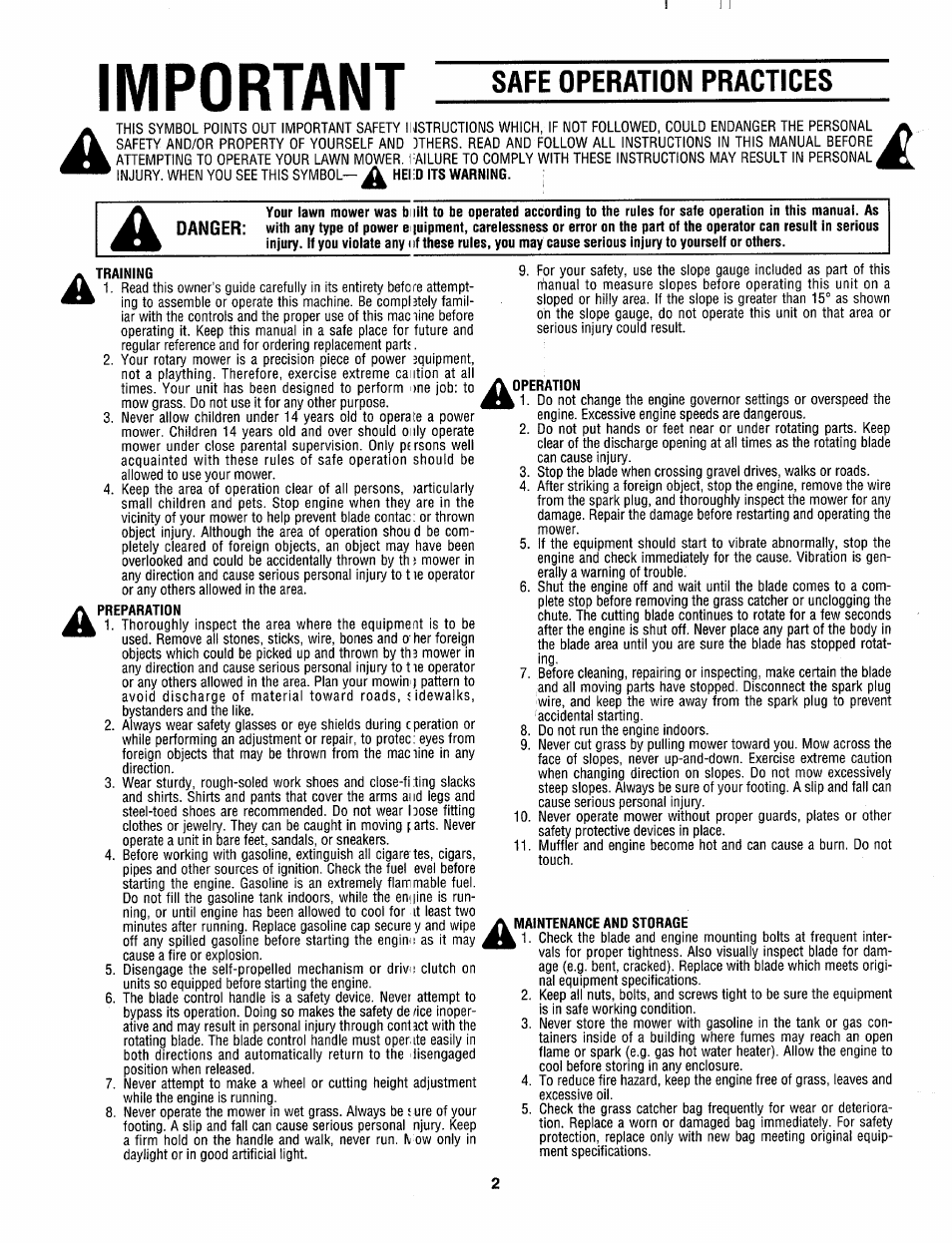 Important, Safe operation practices | MTD 105 User Manual | Page 2 / 12