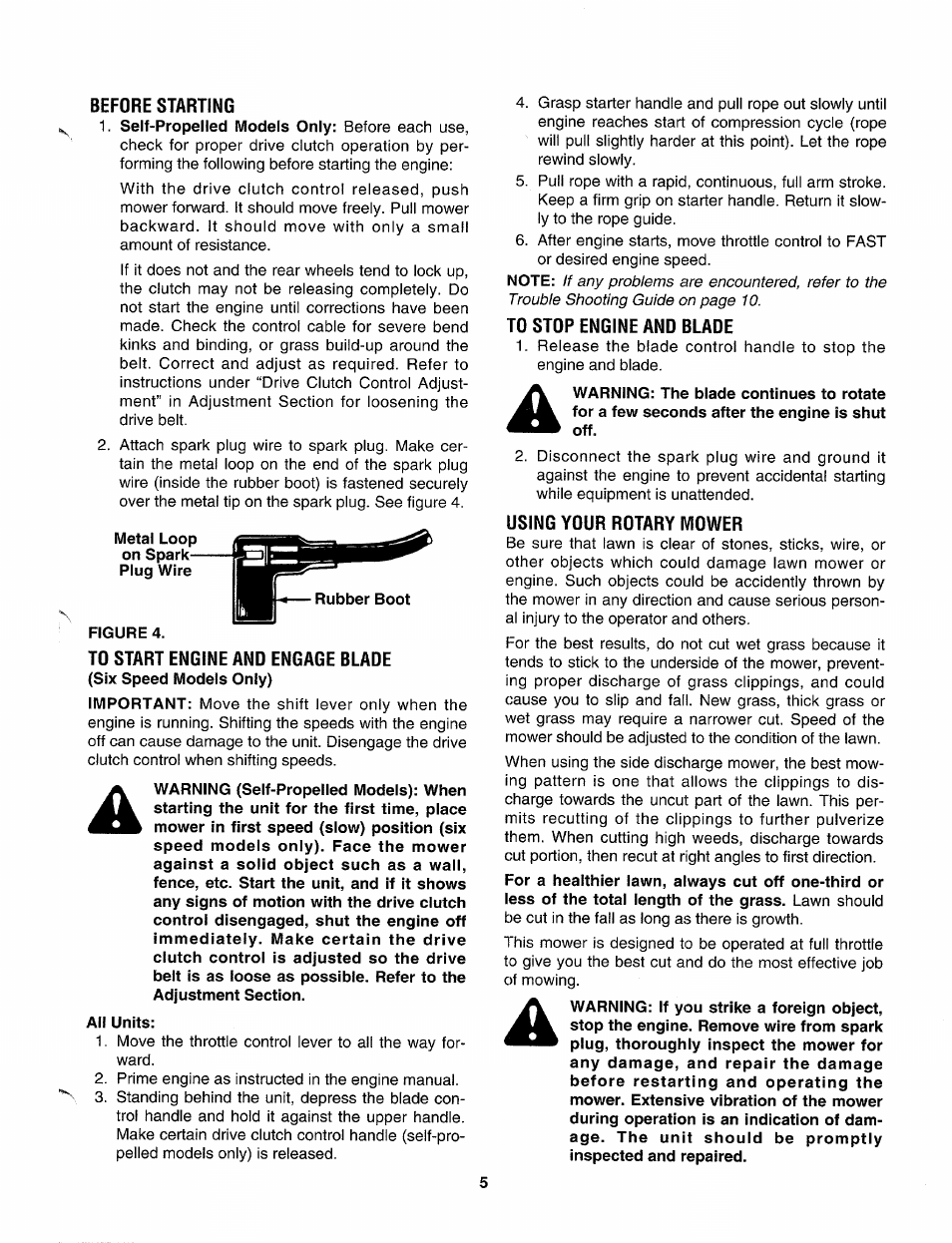 Before starting, To start engine and engage blade, Td stdp engine and blade | Using ydur rdtary mdwer | MTD 105 User Manual | Page 5 / 12