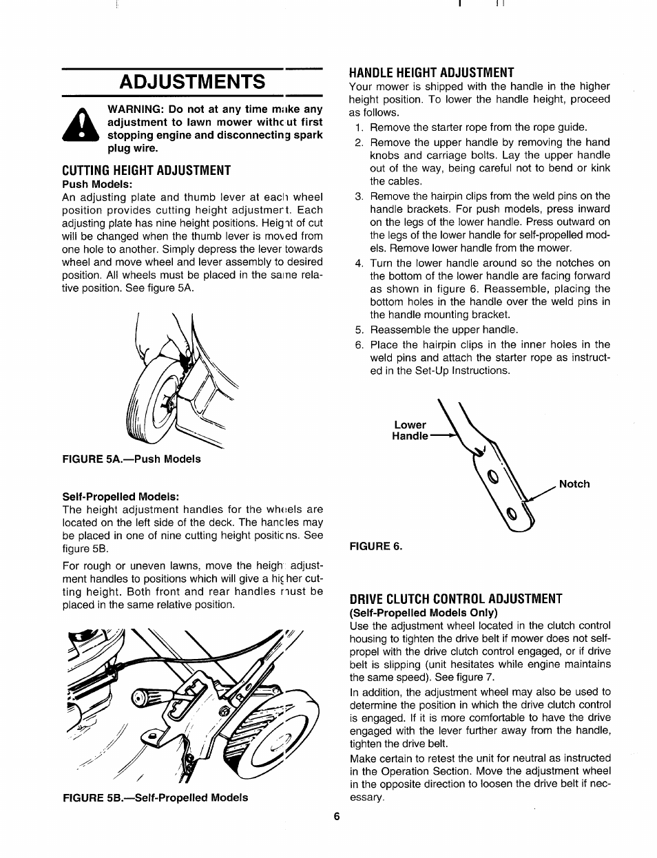 Adjustments, Cutting height adjustment, Handle height adjustment | Drive clutch contrdl adjustment | MTD 105 User Manual | Page 6 / 12