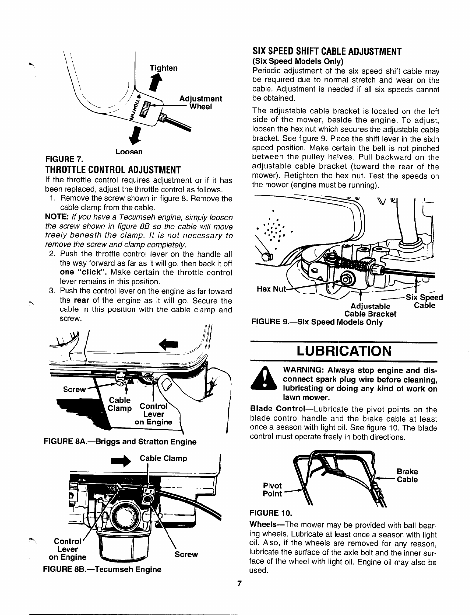 Throttle control adjustment, Six speed shift cable adjustment, Lubrication | MTD 105 User Manual | Page 7 / 12