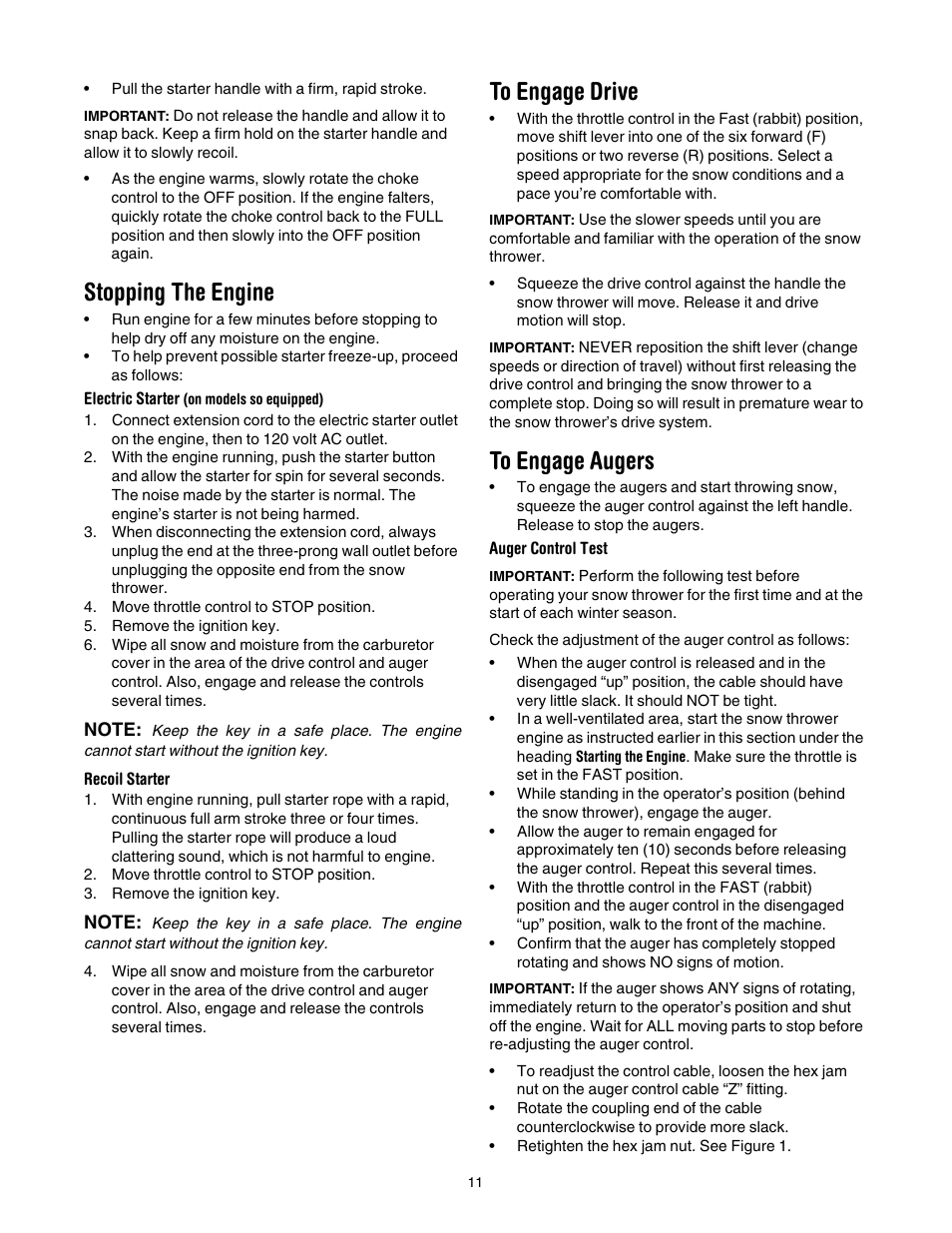 Stopping the engine, To engage drive, To engage augers | MTD 6FE User Manual | Page 11 / 28
