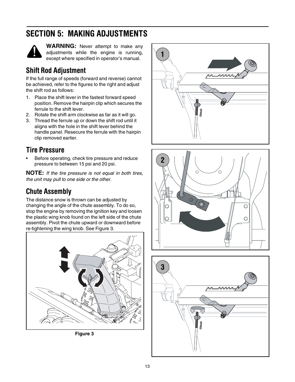 Section 5: making adjustments, Shift rod adjustment, Tire pressure | Chute assembly | MTD 6FE User Manual | Page 13 / 28