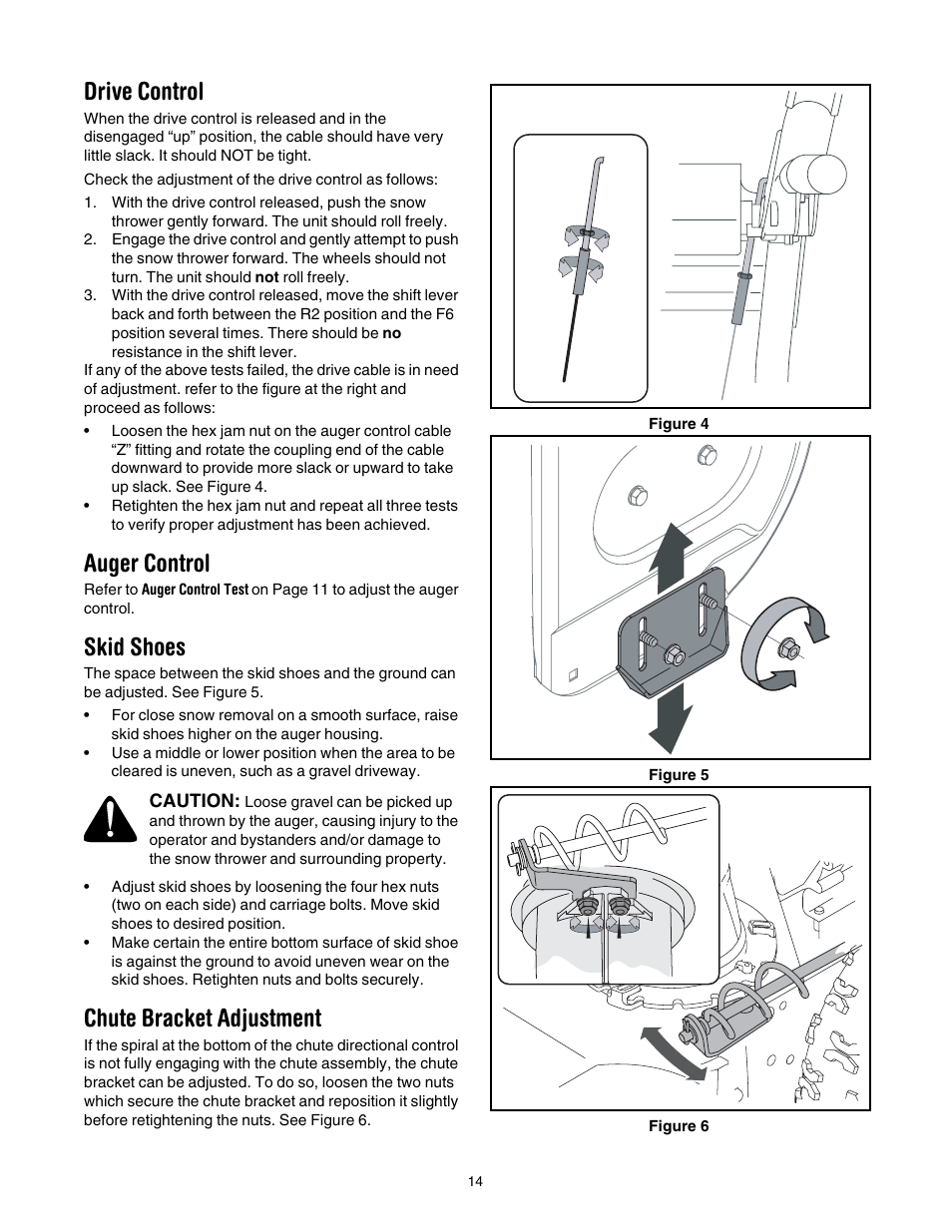 Drive control, Auger control, Skid shoes | Chute bracket adjustment | MTD 6FE User Manual | Page 14 / 28