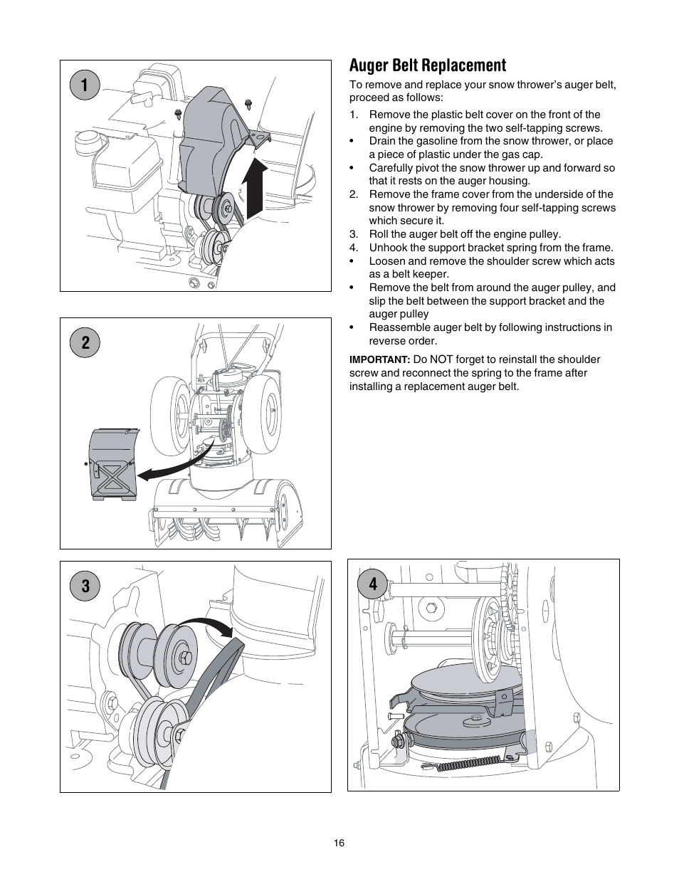 Auger belt replacement | MTD 6FE User Manual | Page 16 / 28