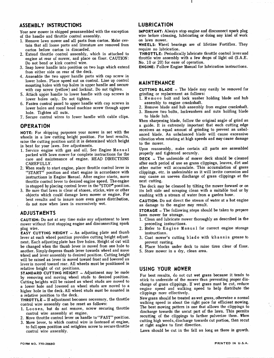 Assembly instructions, Operation, Adjustments | Lubrication, Maintenance, Using your mower | MTD 111-110 User Manual | Page 4 / 4