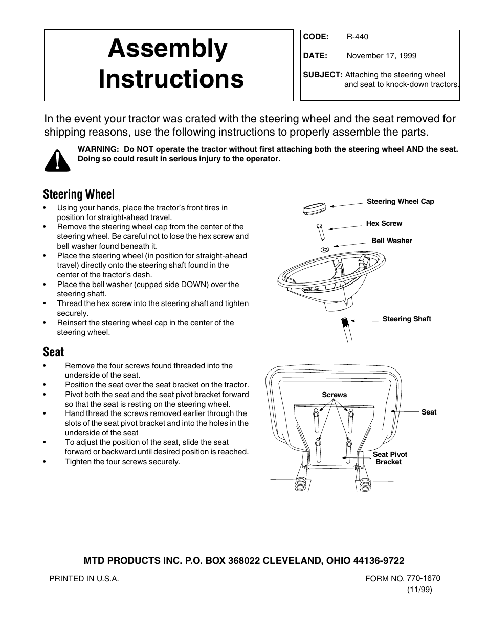 MTD R-440 User Manual | 1 page