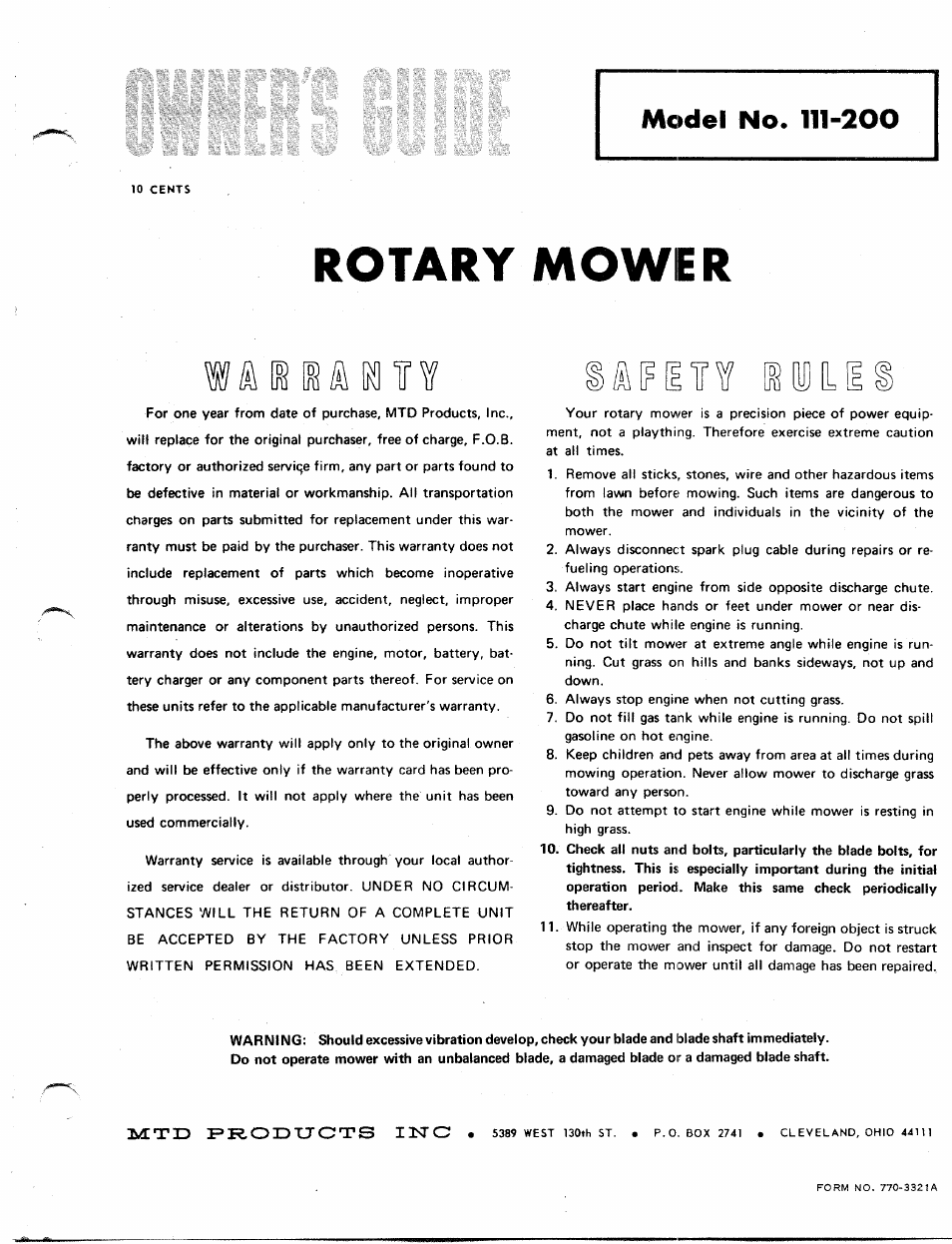 MTD 111-200 User Manual | 4 pages